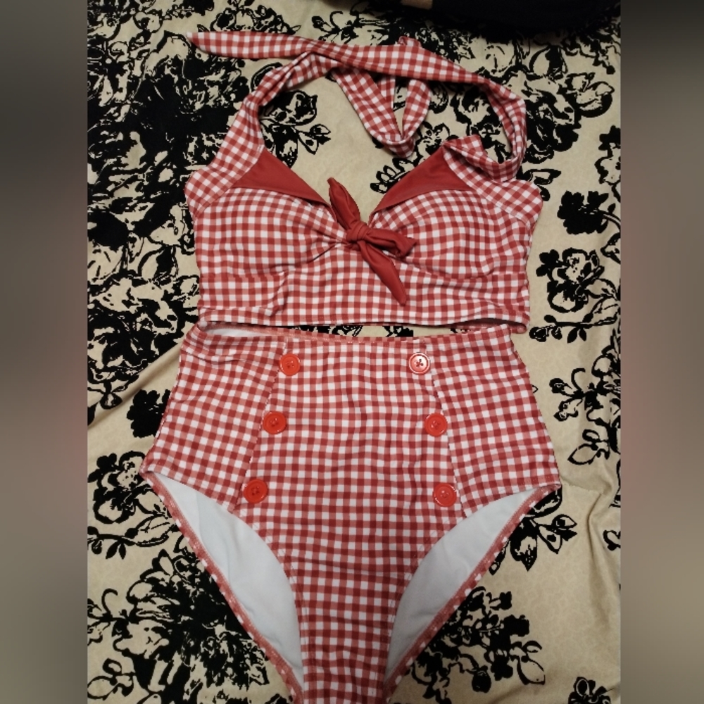Women's size small red and white 2 piece high waisted bikini